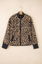 Hazel Blues® |  Khaki Leopard Print Zip Up Stand Neck Side Pocket Jacket