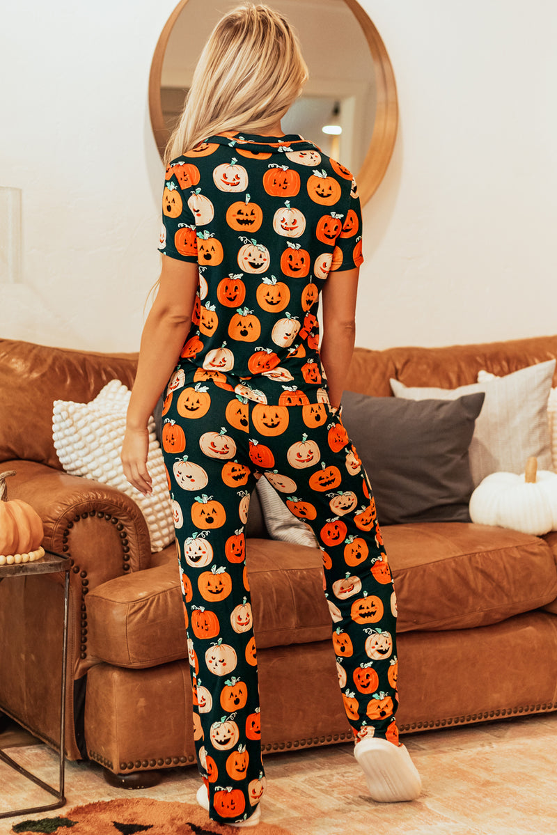 Hazel Blues® |  Orange Halloween Pattern Short Sleeve Shirt Pajama Set