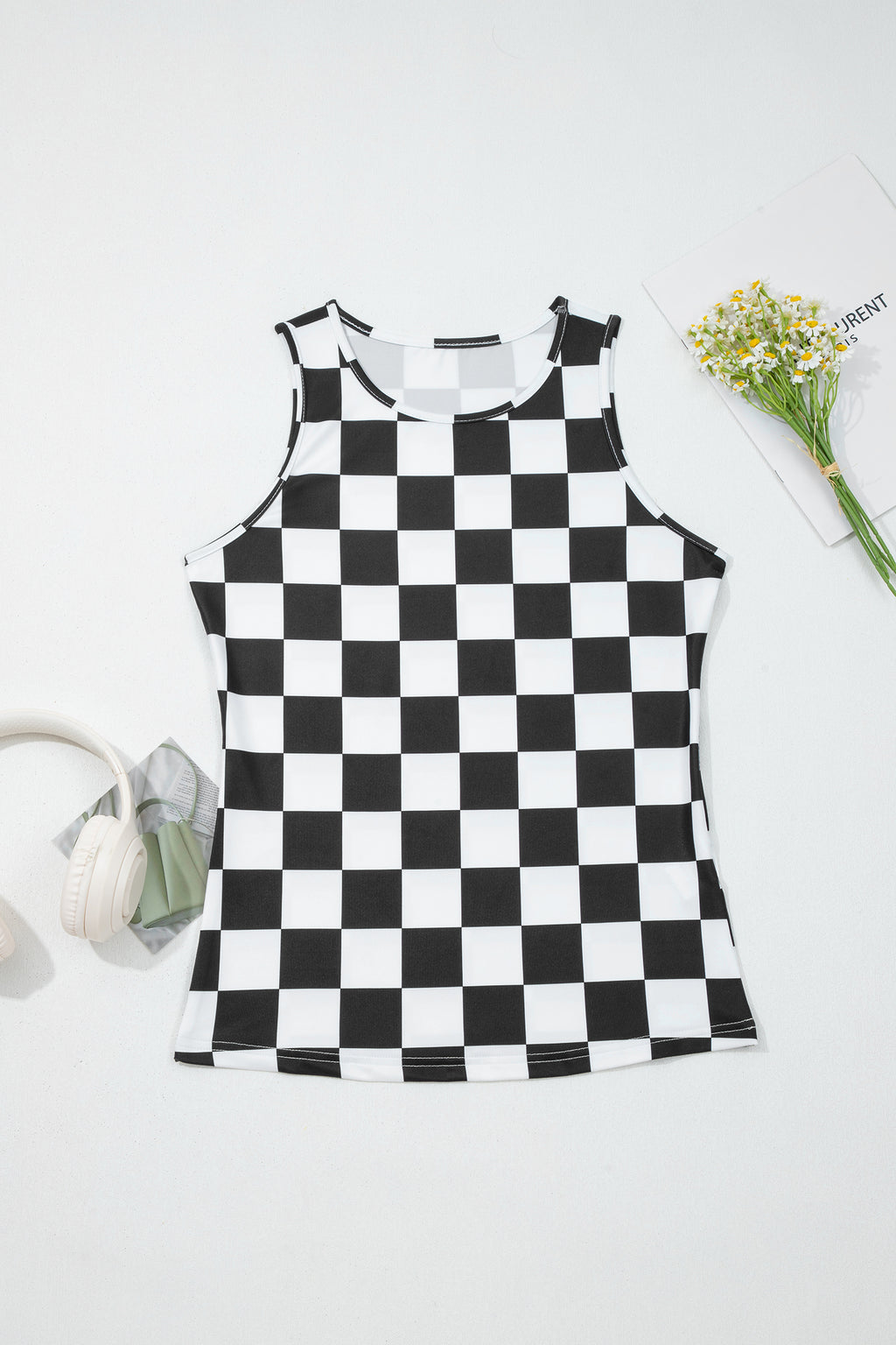 Hazel Blues® |  Black Checkerboard Printed Slim Tank Top