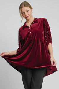 Hazel Blues® |  Umgee Pearl Detail Collared Neck Velvet Babydoll Blouse