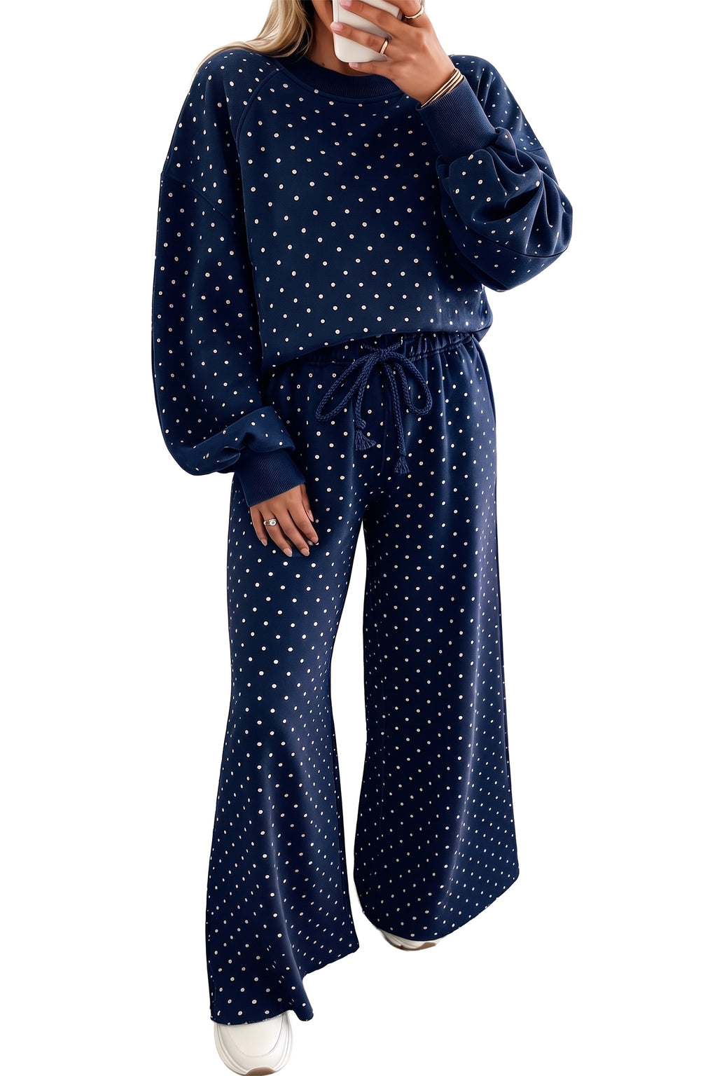 Blue Polka Dot Drawstring Wide Leg Long Sleeve Top Pant Set