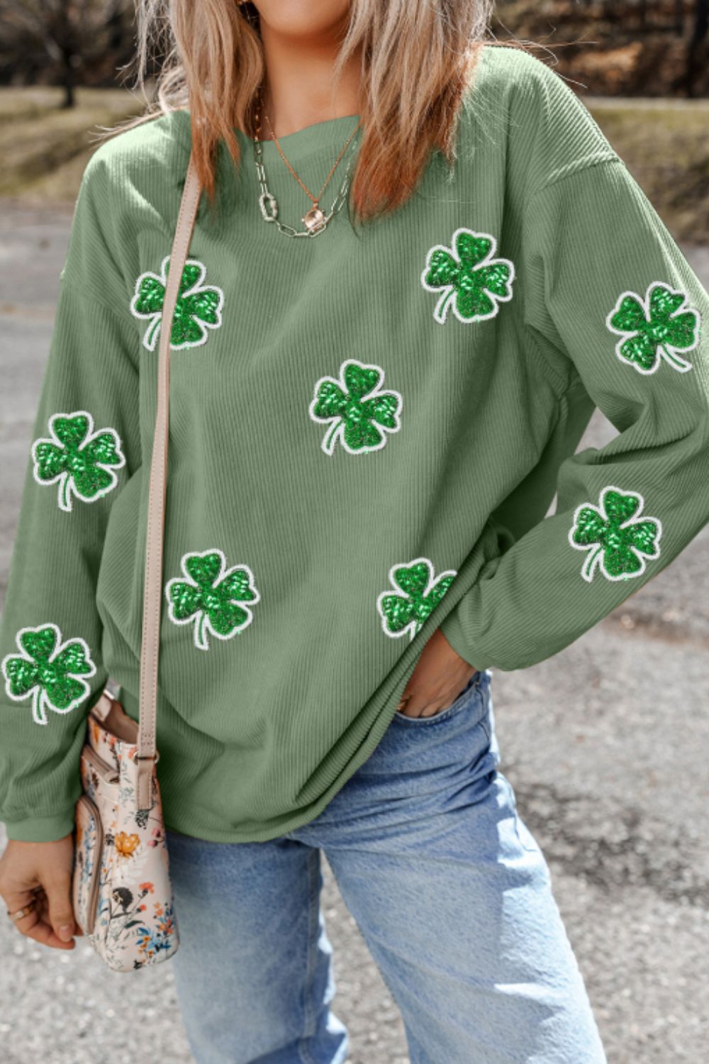 Hazel Blues® |  Sequin Lucky Clover Round Neck Long Sleeve Sweatshirt