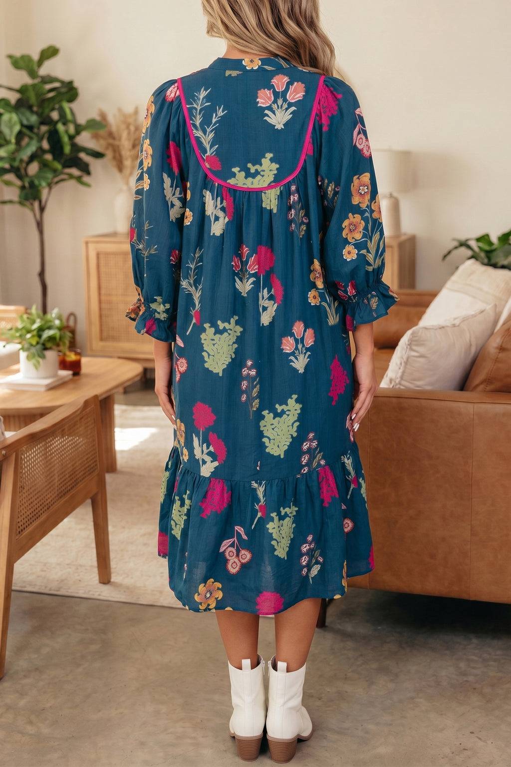 Gathered Neckline Floral Print 7/8 Sleeve Casual Midi Dress | Floral Dress