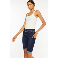 Hazel Blues® |  Kan Can High Rise Fly Button Bermuda Shorts: Dark Wash