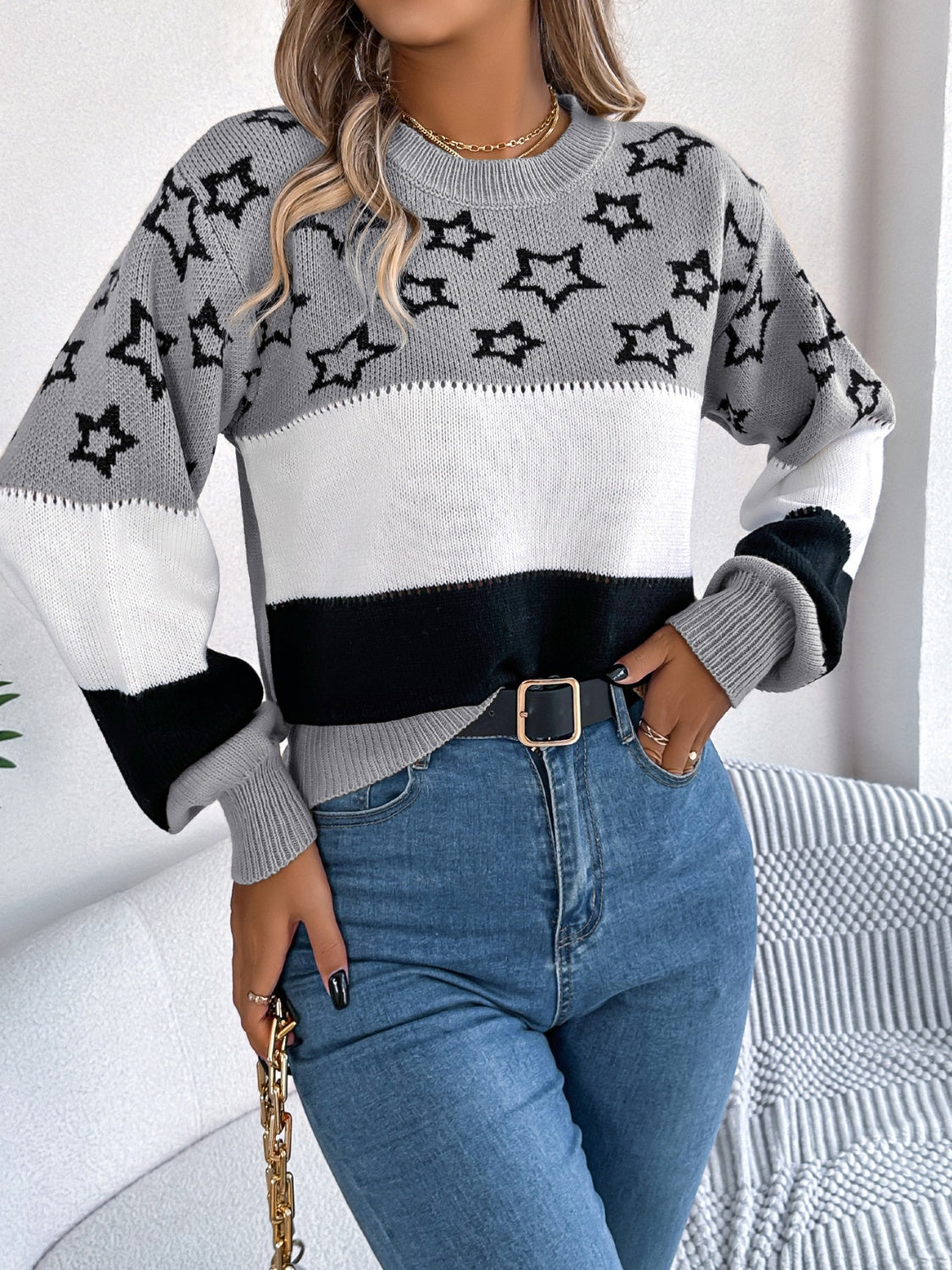 Hazel Blues® |  Star Contrast Round Neck Sweater