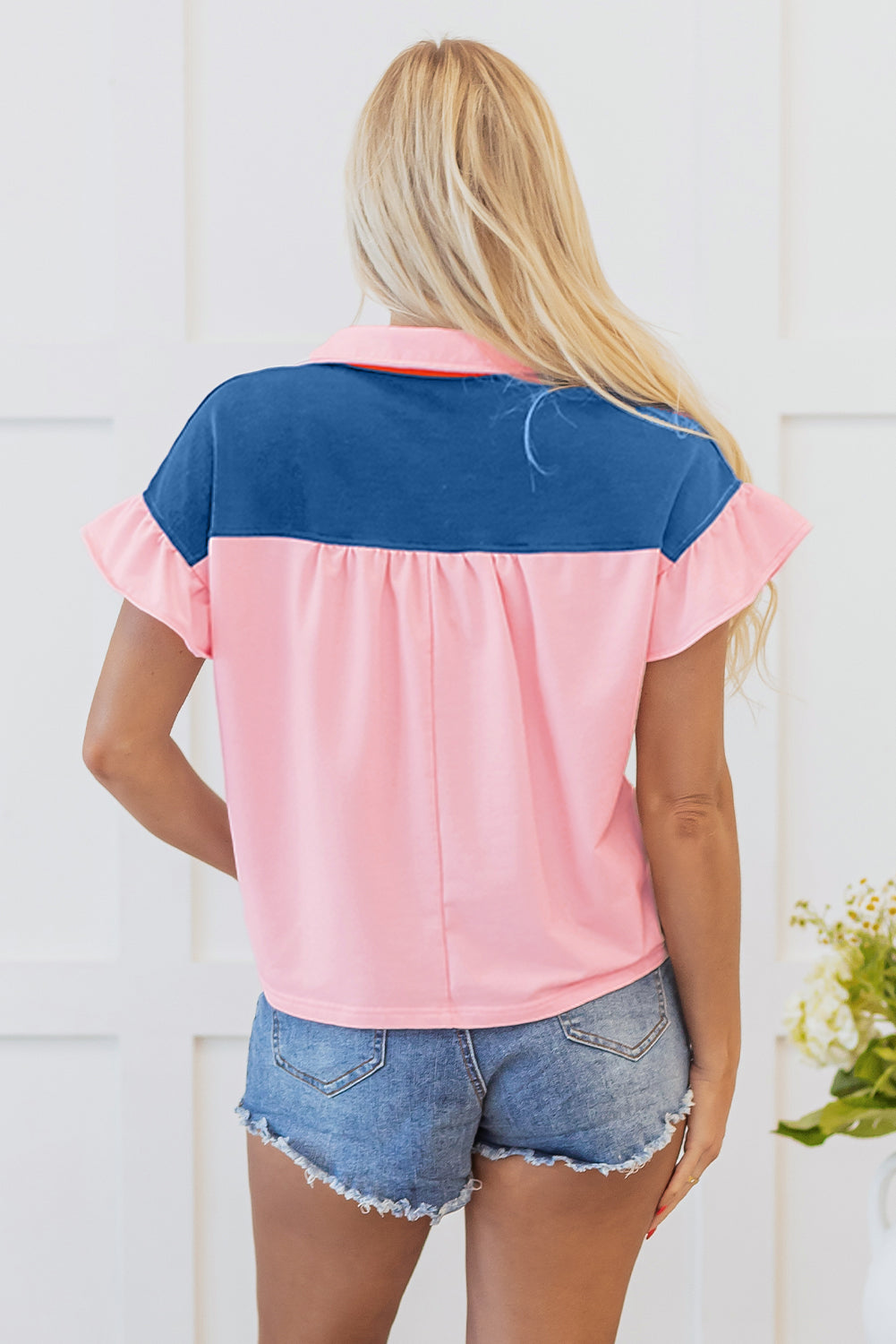 Gossamer Pink Color-Block Half Buttoned Ruffled Short-Sleeve T-Shirt