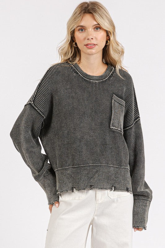 Hazel Blues® |  Mittoshop Distressed Hem Round Neck Dropped Shoulder Sweater