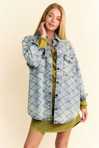 Hazel Blues® |  Davi & Dani Curved Hem Diamond Quilted Button Up Denim Shacket