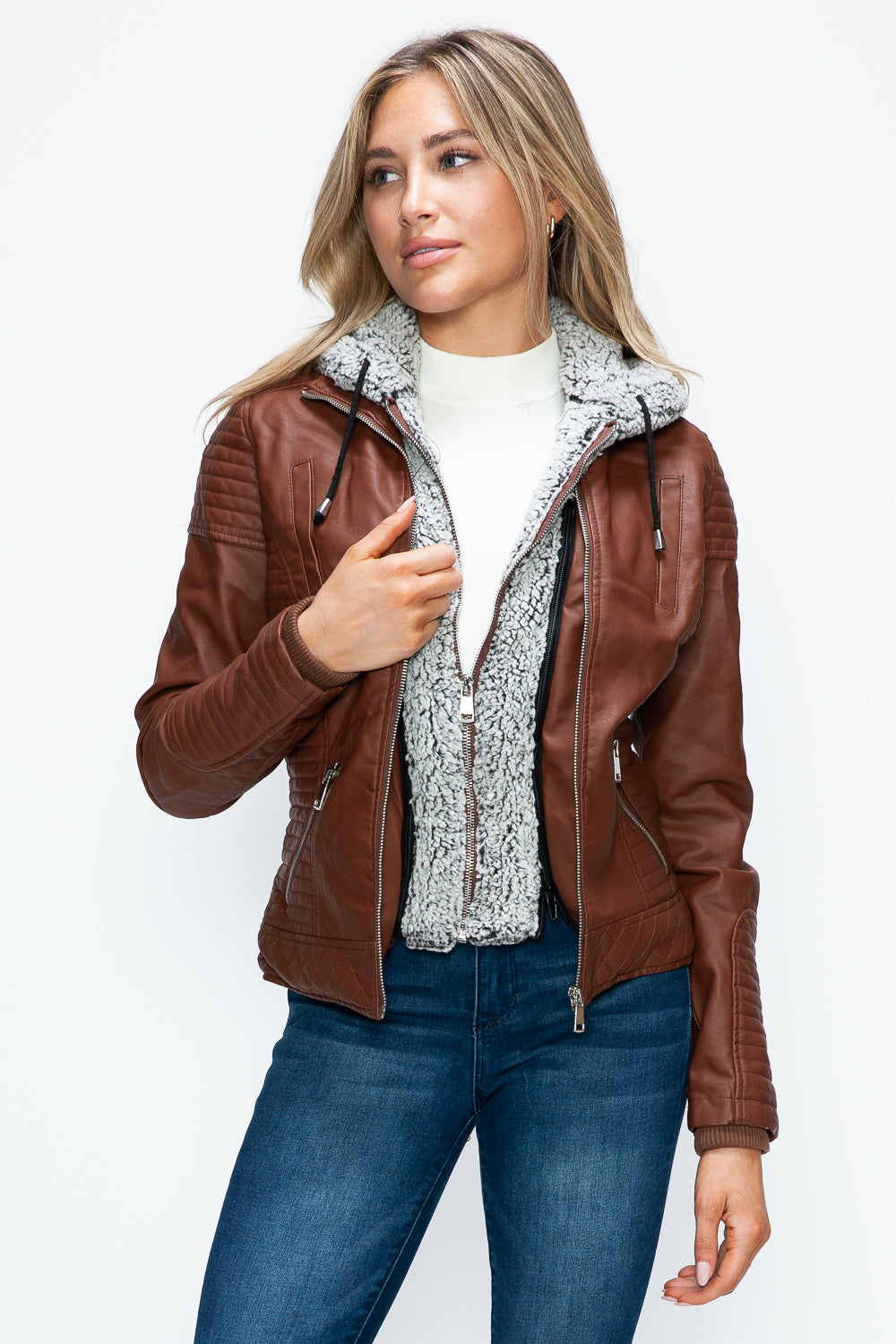 Hazel Blues® |  YMI Faux Layered Double-Zipper Jacket with Fuzzy Hood