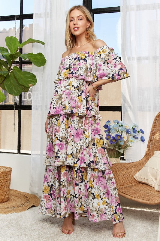 Sample ADORA Layered Floral Off-Shoulder Short Sleeve Maxi Dress