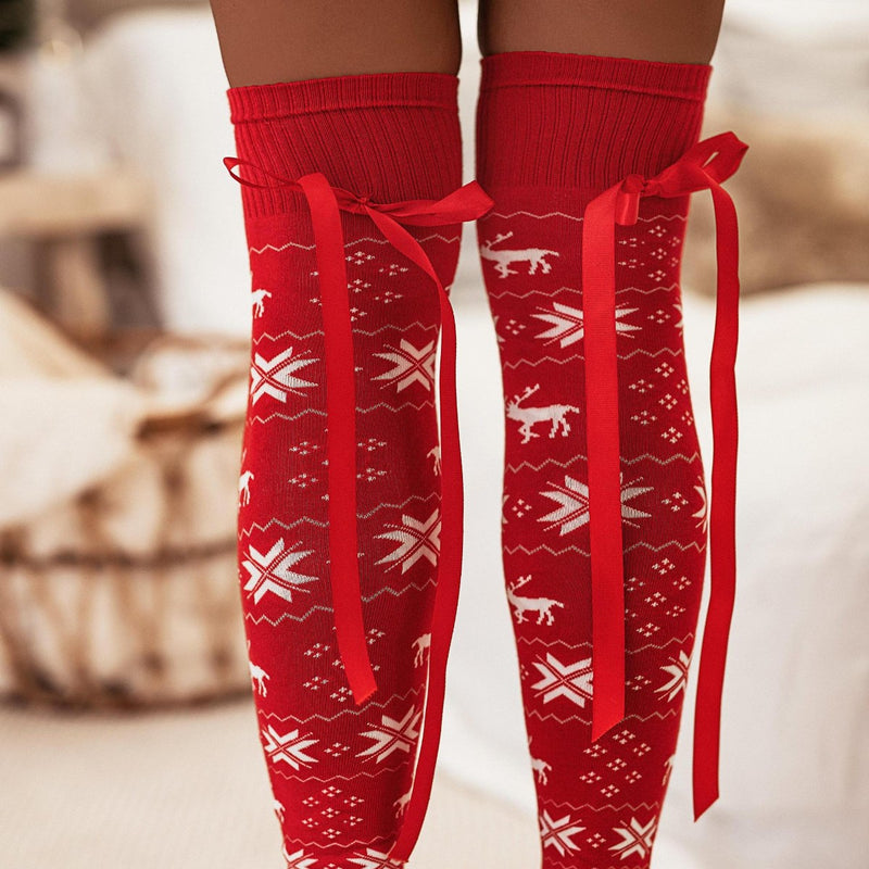 Hazel Blues® |  Christmas Element Bowknot Ribbed Trim Over Knee Stockings