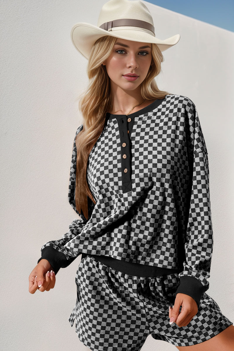 Hazel Blues® |  Double Take Checkered Half Button Top and Shorts Set