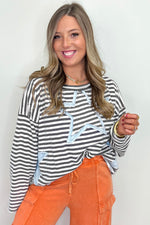 Hazel Blues® |  Gray Stripe Starry Patch Drop Shoulder Raw Edge Casual Knit Top
