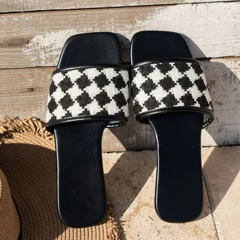 Hazel Blues® |  Plaid Open Toe Flat Sandals