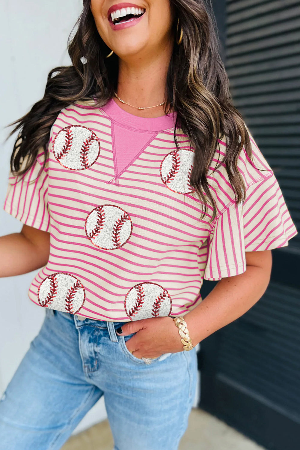 Hazel Blues® |  Sachet Pink Sequin Baseball Pattern Striped Ruffle Sleeve Round Neck Knit Top