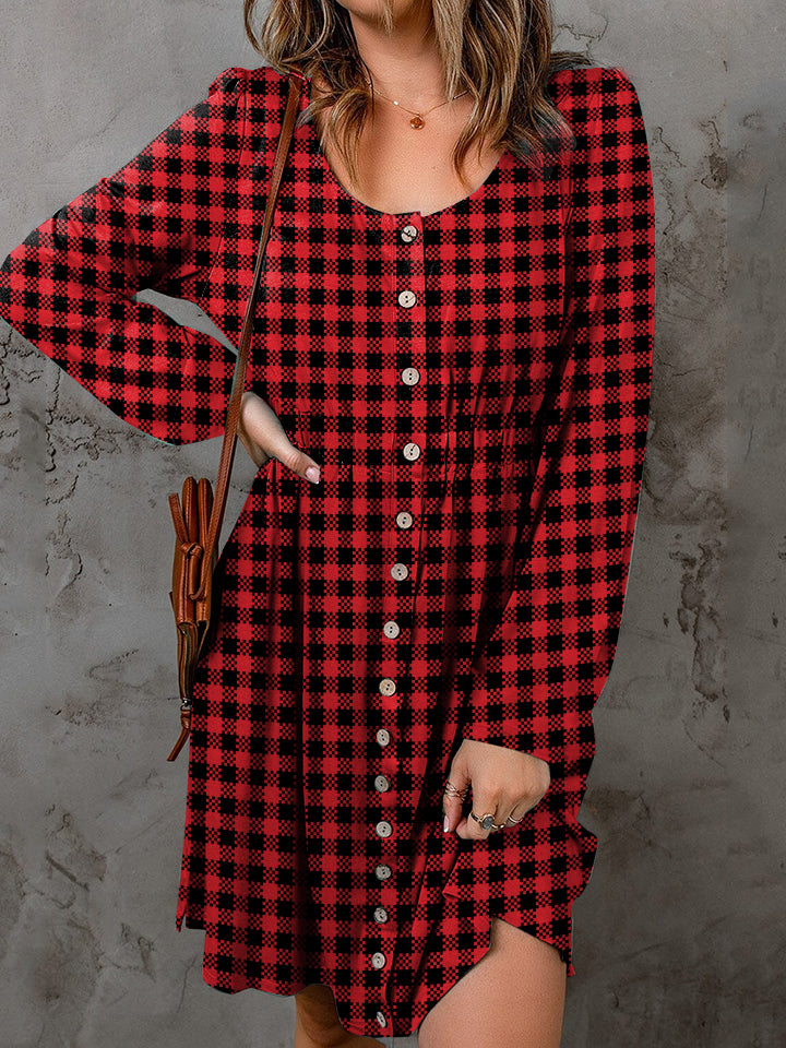 Hazel Blues® |  Double Take Plaid Round Neck Long Sleeve Magic Dress