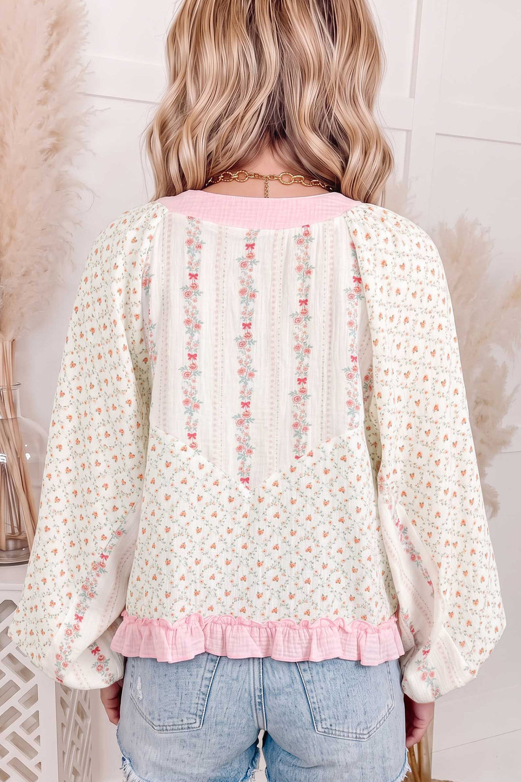 Amelia Wren Beige Floral Color-Block Blouse