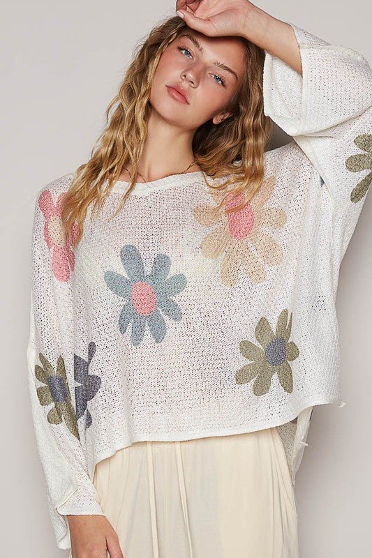 Hazel Blues® |  POL Flower Dropped Shoulder Long Sleeve Knit Top