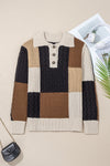Hazel Blues® |  Multicolour Color Block Cable Knit Sleeve Buttons Collared Sweater