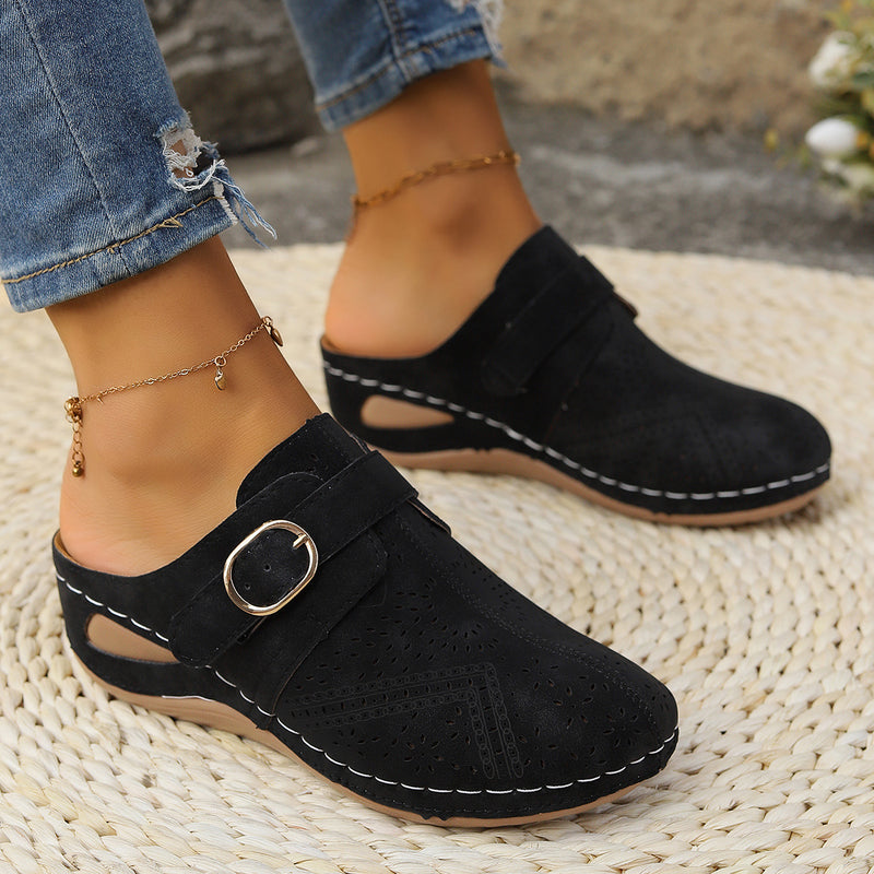 Hazel Blues® |  Suede Round Toe Wedge Sandals