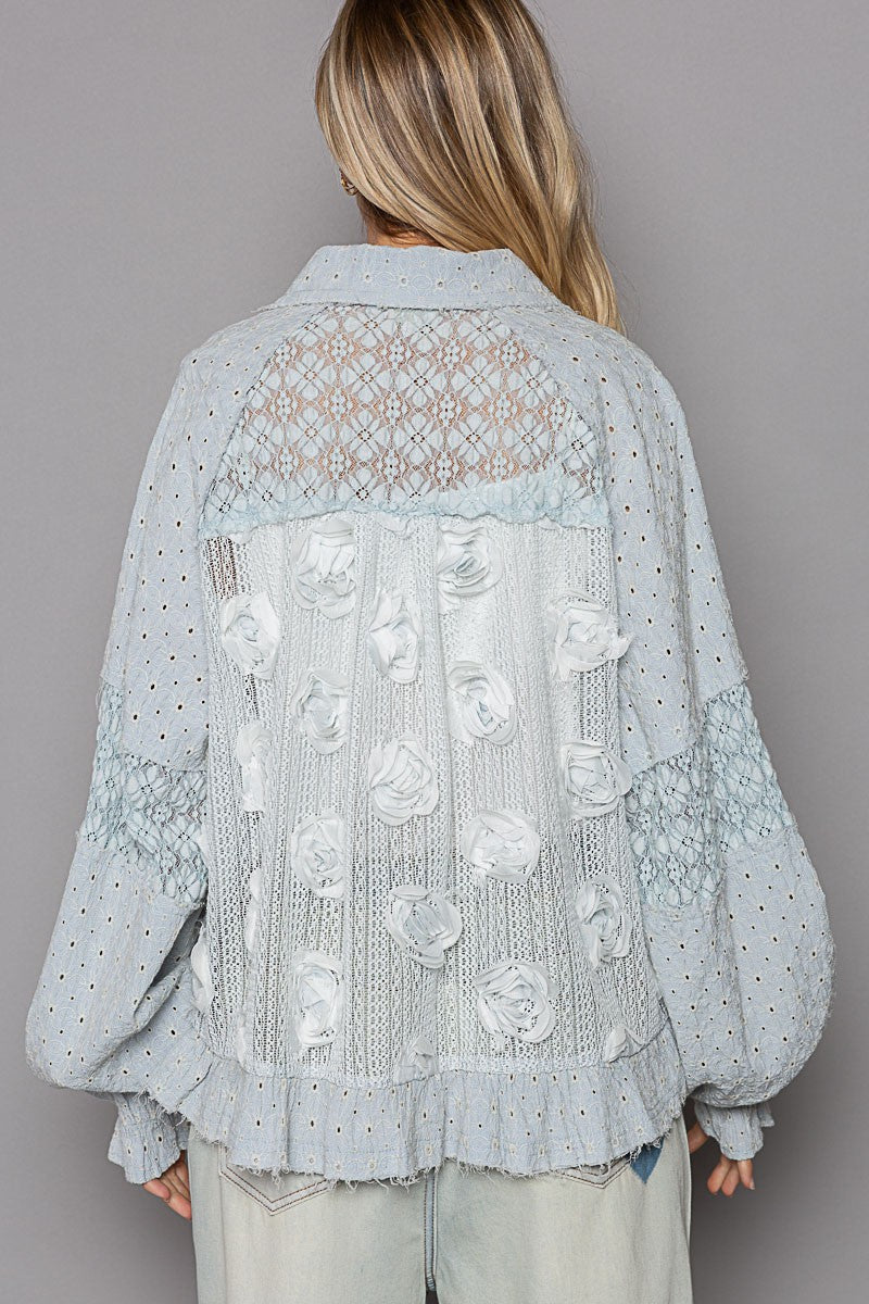 Hazel Blues® |  POL Eyelet Flower Pearl Detail Lace Patchwork Shirt