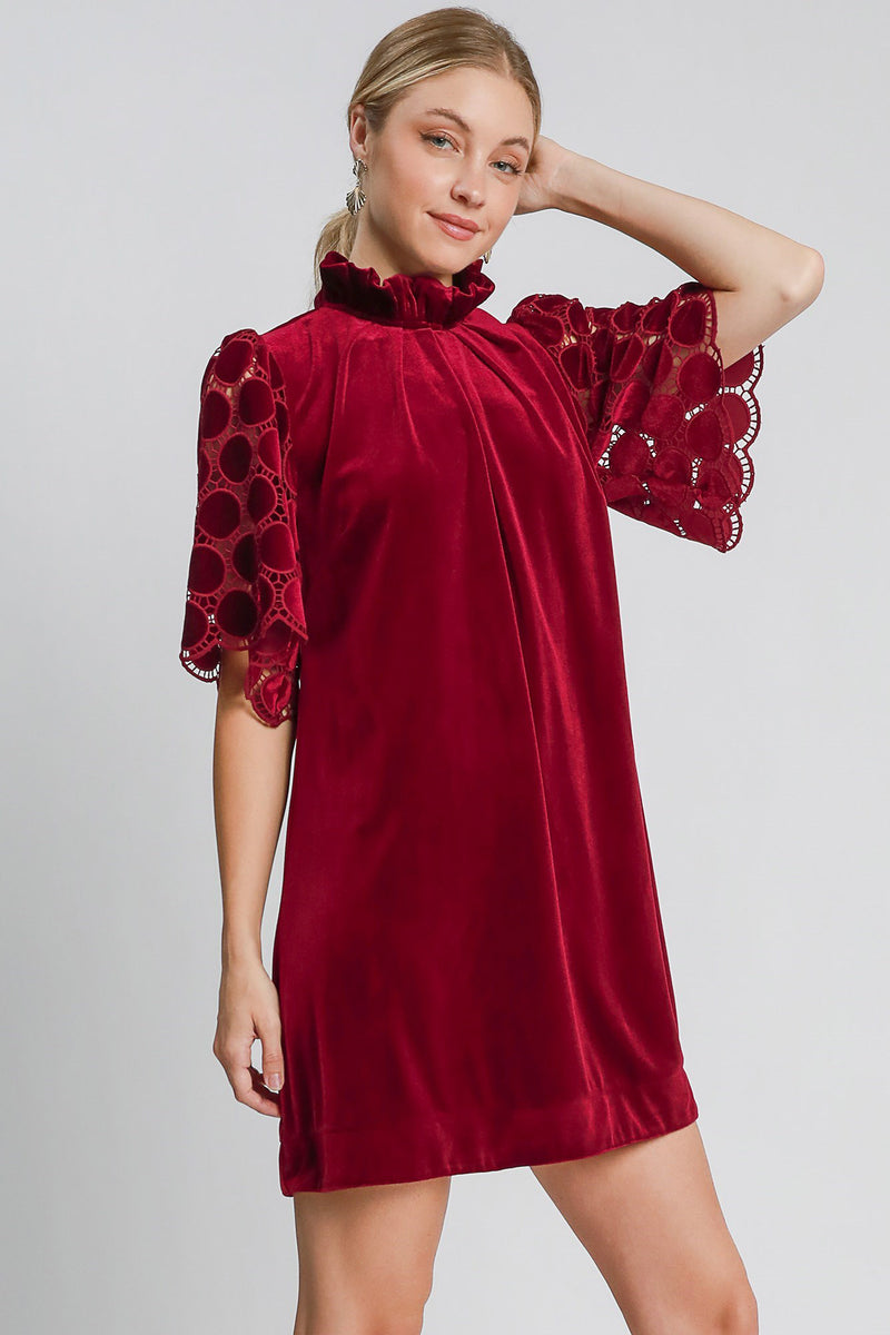 Hazel Blues® |  Umgee Dotted Lace Half Sleeve Mock Neck Back Tie Velvet Dress