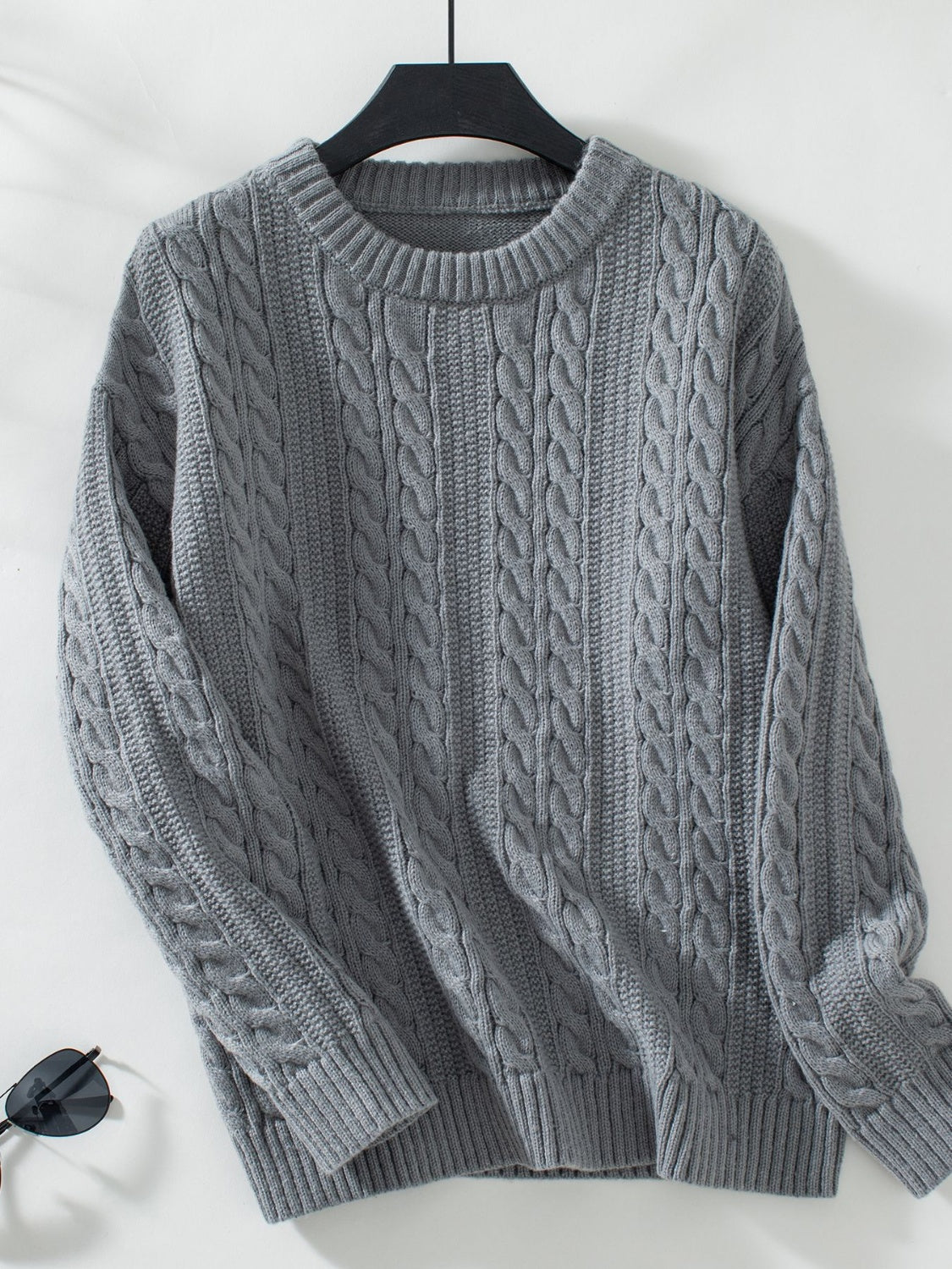 Hazel Blues® |  Cable-Knit Round Neck Long Sleeve Sweater