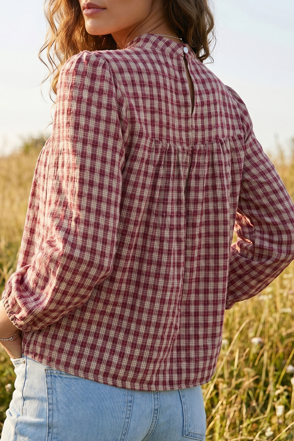 Country Plaid Long Sleeve Button Keyhole Pleated Loose Blouse | Plaid Long Sleeve Button Blouse