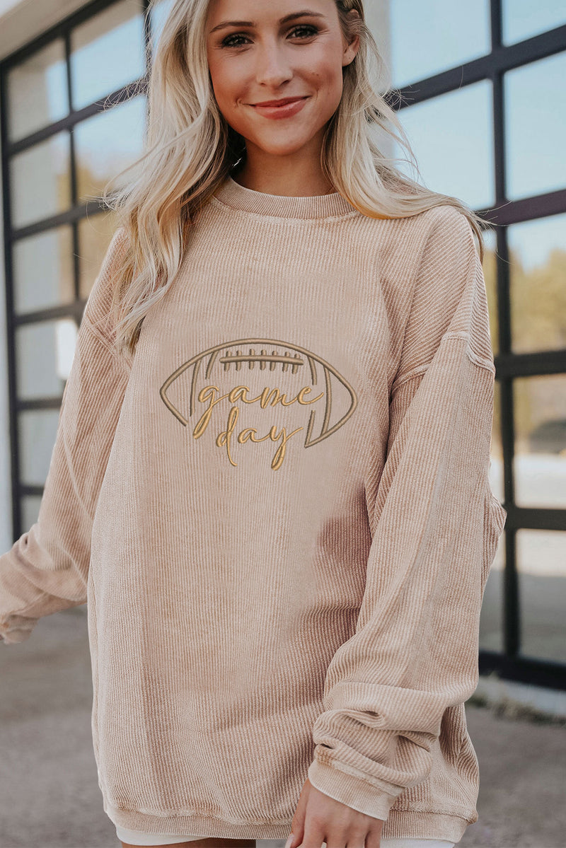 Hazel Blues® |  Apricot Football Game Day Embroidered Corduroy Sweatshirt