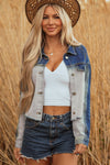 Hazel Blues® |  Dusk Blue Color Block Patchwork Flap Detail Distress Denim Jacket