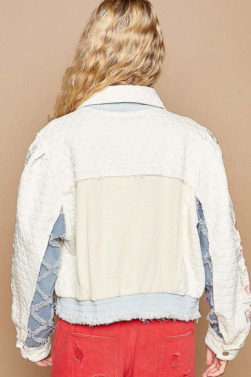 Hazel Blues® |  POL Embroidered Sleeve Raw Edge Quilted Jacket