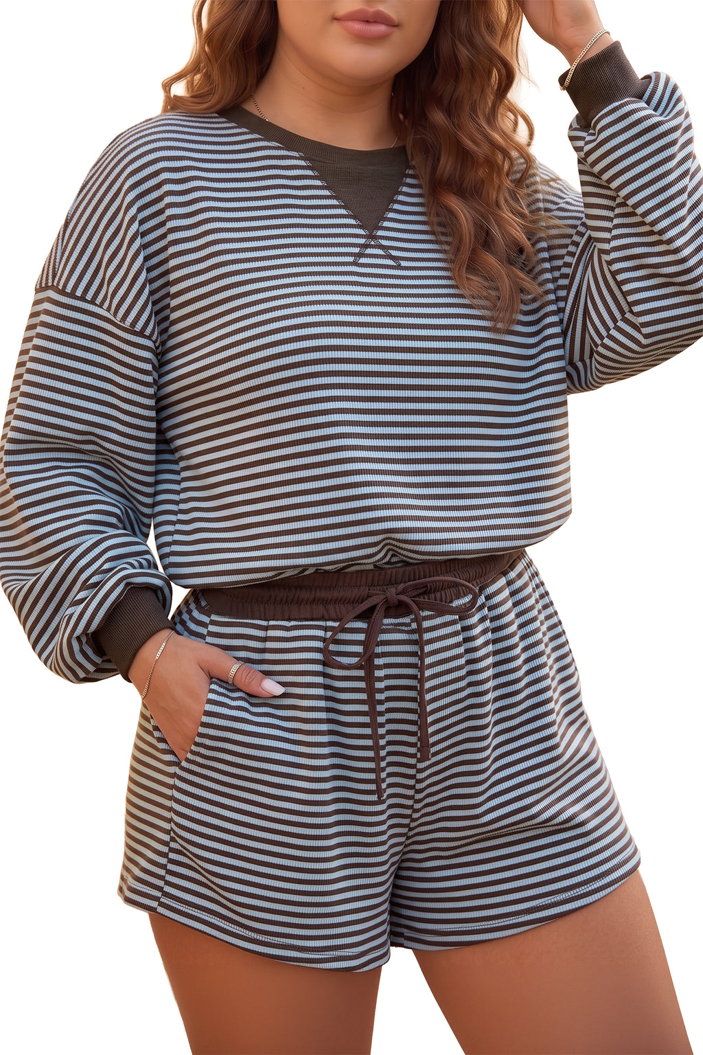 Brown Stripe Color-Block Top and Shorts Set