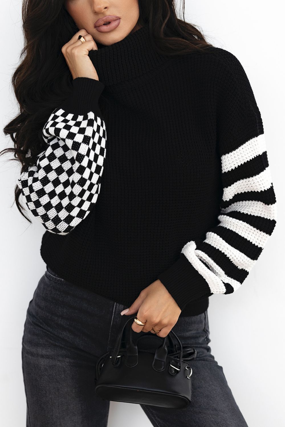 Hazel Blues® |  Striped & Checkered Turtleneck Dropped Shoulder Sweater