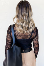 Hazel Blues® |  Black Lace Crochet Mesh Patched Slim Fit Long Sleeve Top