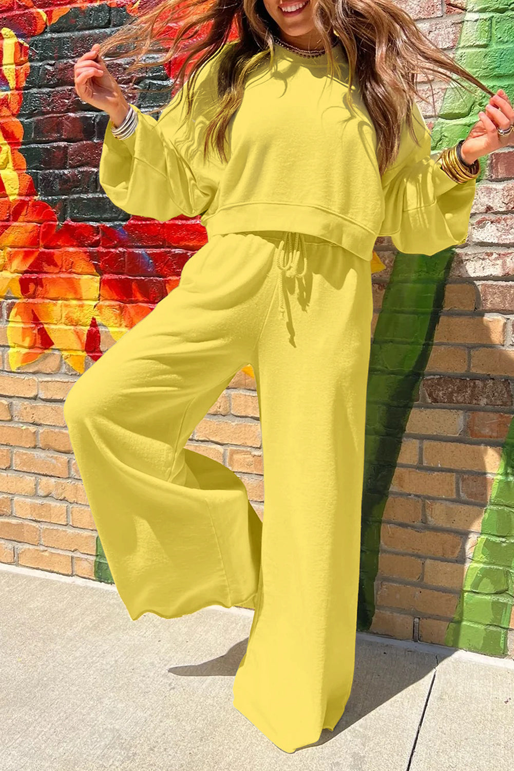 Hazel Blues® |  Yellow Cream Drop Shoulder Puff Sleeve Crop Pullover Drawstring Wide Leg Pants Set