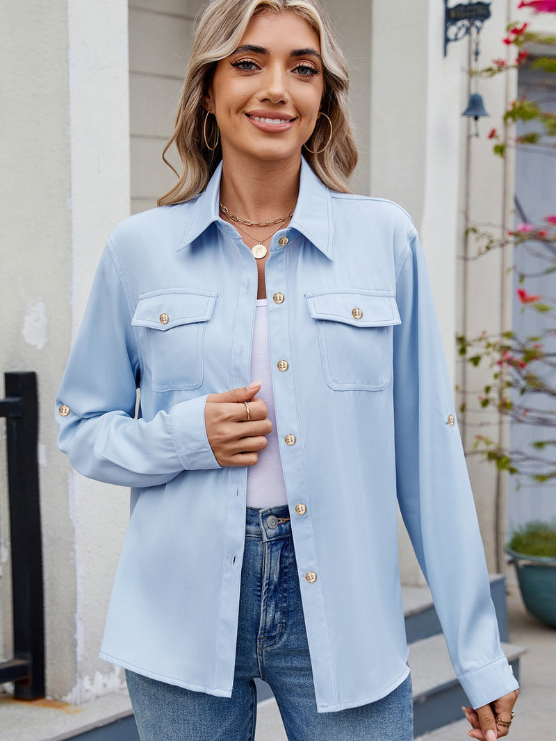 Hazel Blues® |  Solid Color Collared Neck Long Sleeve Shirt