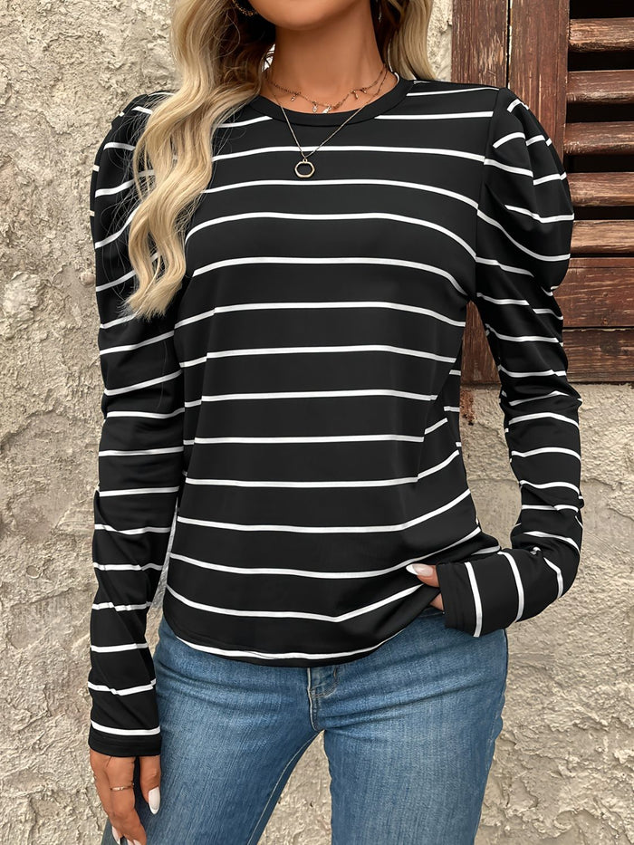 Hazel Blues® |  Striped Round Neck Puff Sleeve T-Shirt