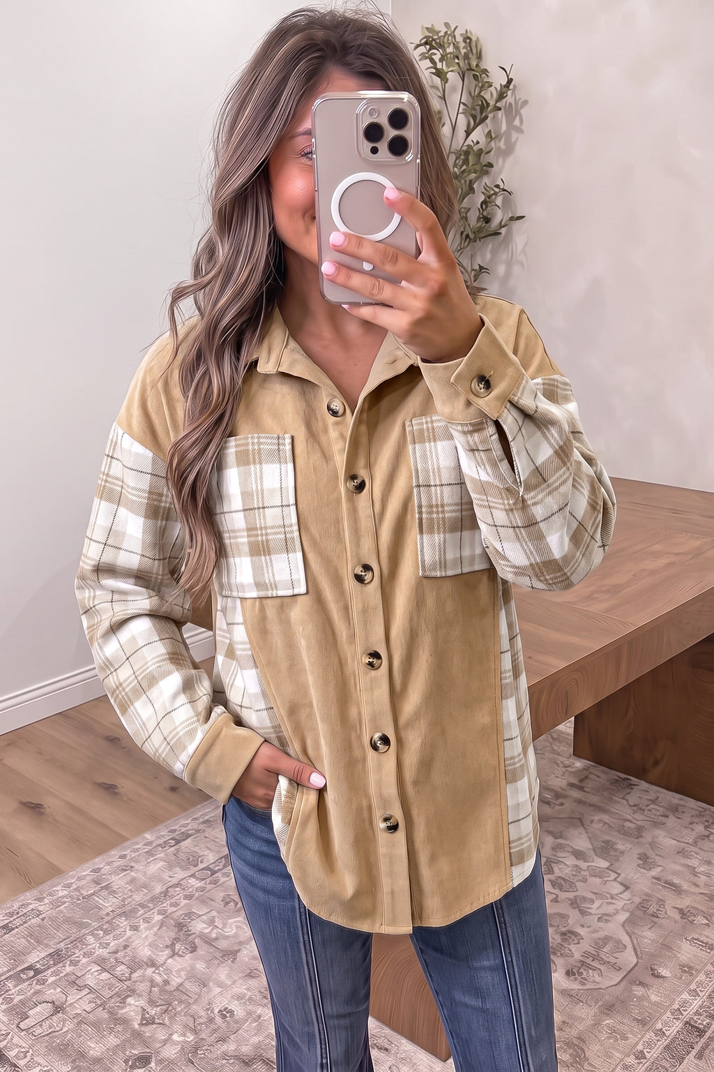Light French Beige Plaid Color-Block Shacket