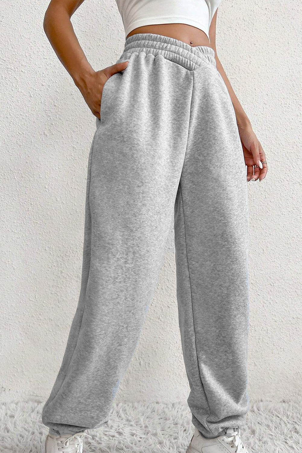 Light Gray Solid Color Crisscross Elastic-Waist Sweatpants