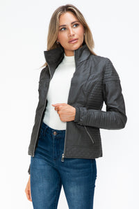 Hazel Blues® |  YMI Faux Layered Double-Zipper Jacket with Fuzzy Hood