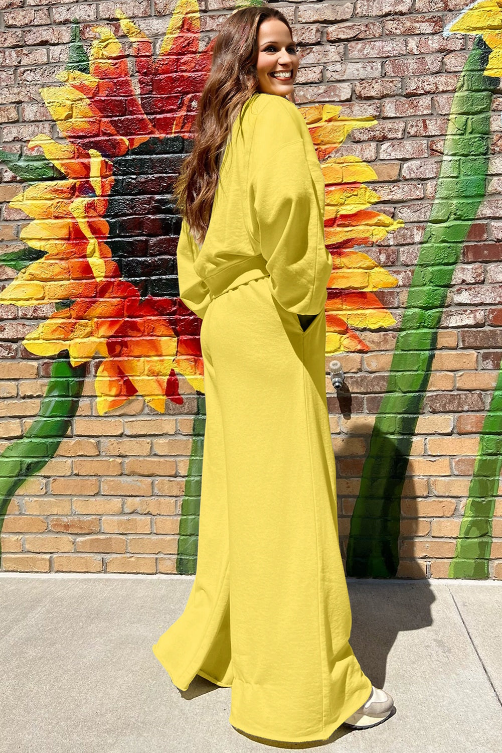 Hazel Blues® |  Yellow Cream Drop Shoulder Puff Sleeve Crop Pullover Drawstring Wide Leg Pants Set