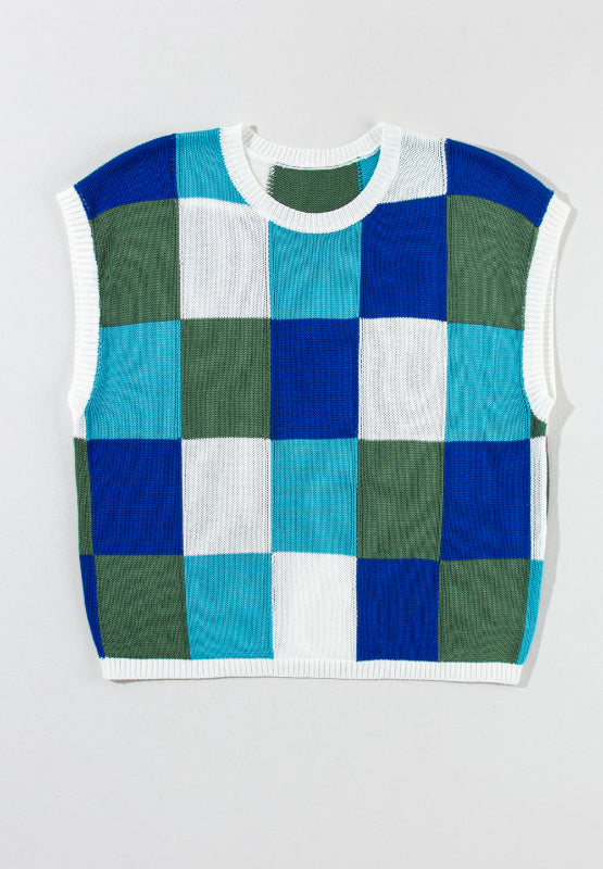 Hazel Blues® |  Contrast Plaid Round Neck Cap Sleeve Sweater