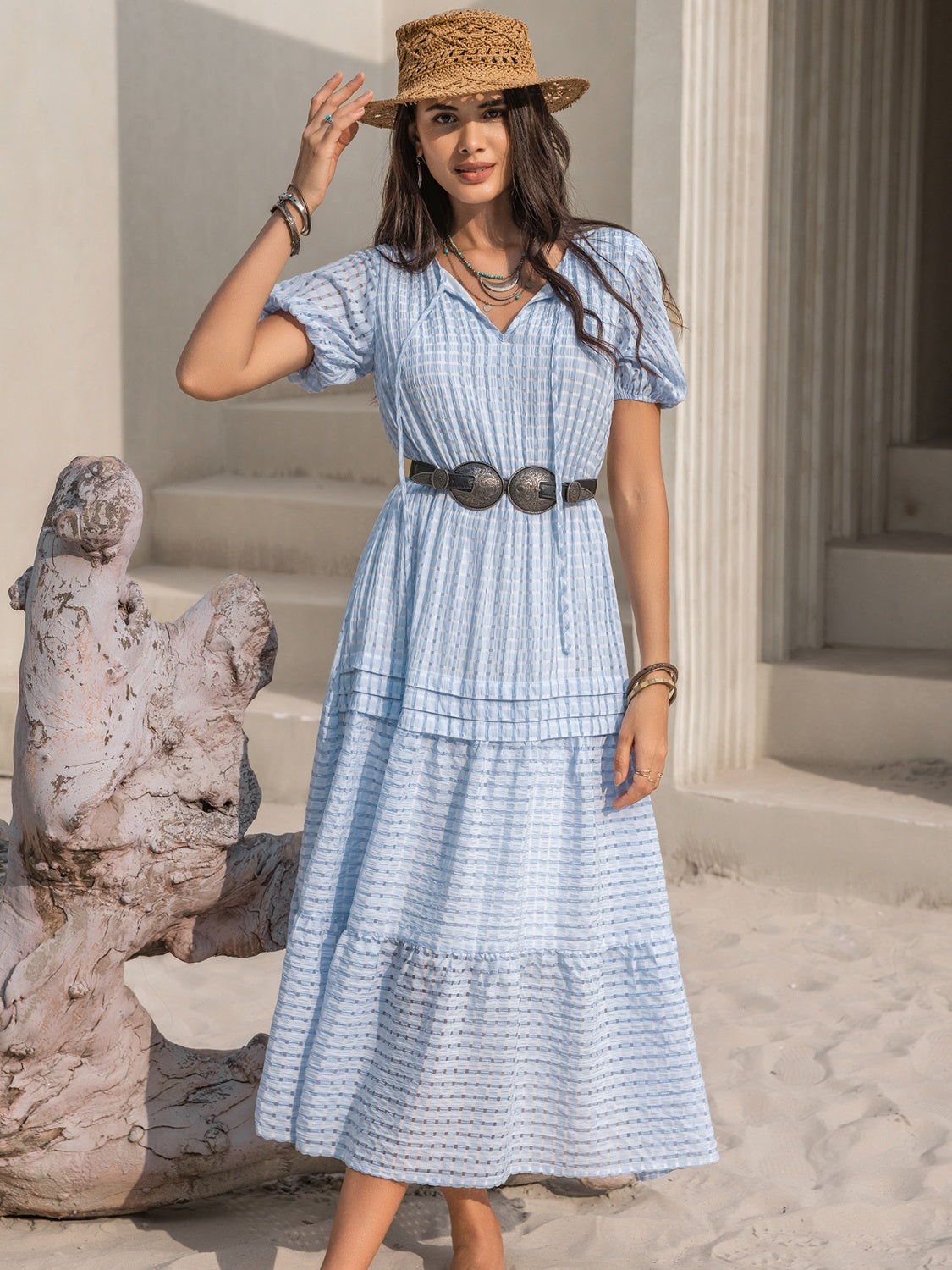 Hazel Blues® |  Tie Neck Balloon Sleeve Tiered Dress