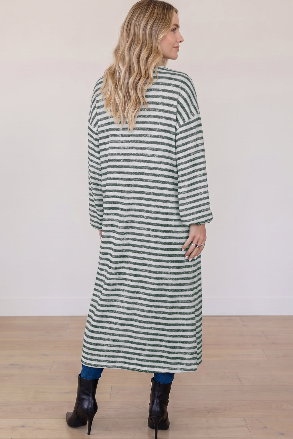 Khaki Stripe Long Puff-Sleeve Open-Front Oversized Long Cardigan