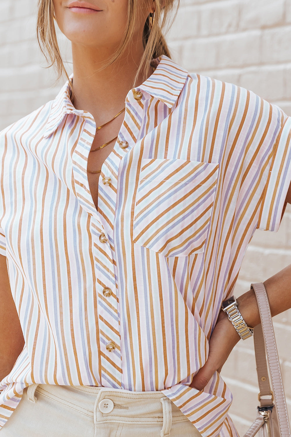 Hazel Blues® |  Pocketed Striped Collared Neck Short Sleeve Shirt