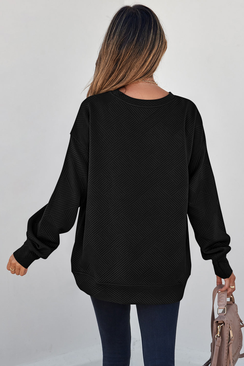 Black Solid Color Textured Round-Neck Drop-Shoulder Pullover Sweatshirt