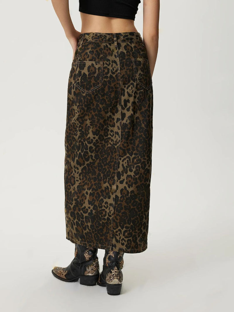 Hazel Blues® |  Leopard Button Up Denim Skirt