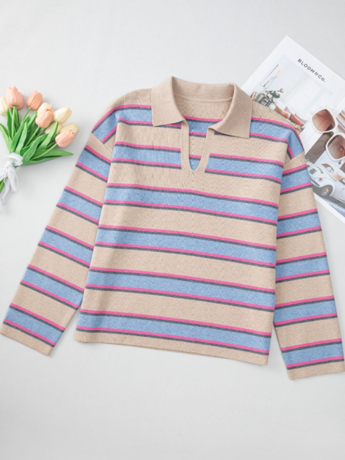 Johnny Collar Long Sleeve Stripe Sweater