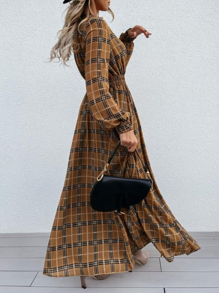 Hazel Blues® |  Slit Plaid Tie Neck Long Sleeve Maxi Dress