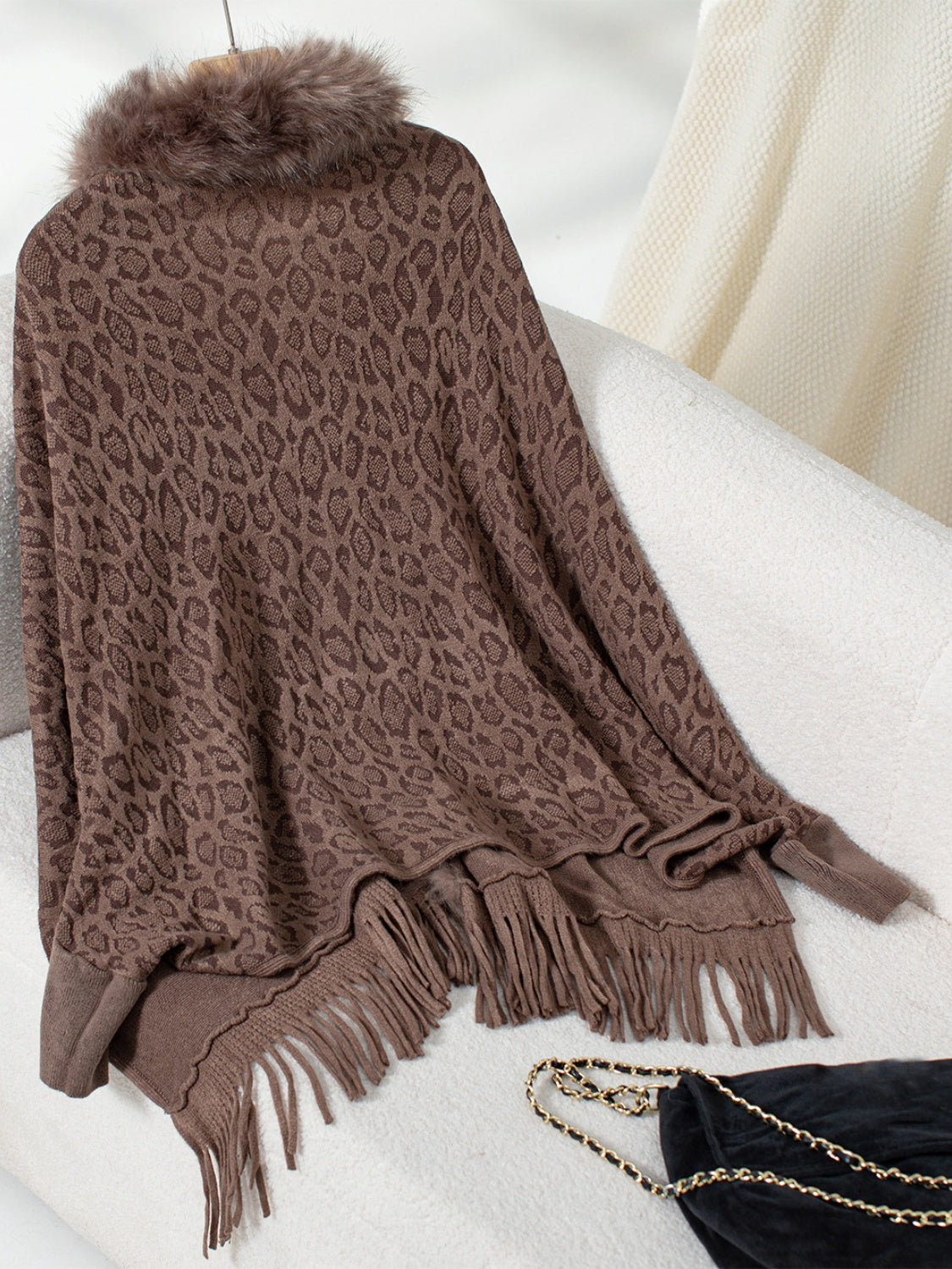 Hazel Blues® |  Fringe Leopard Open Front Long Sleeve Poncho